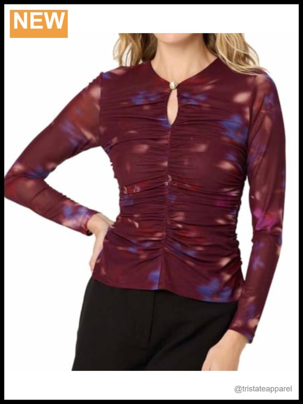Women's Fitted Blouse with Abstract Floral Print Long Sleeve Keyhole